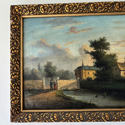 19th Century Antique Figurative Oil Painting "Country House" Belgium Artwork Holland Art Shop