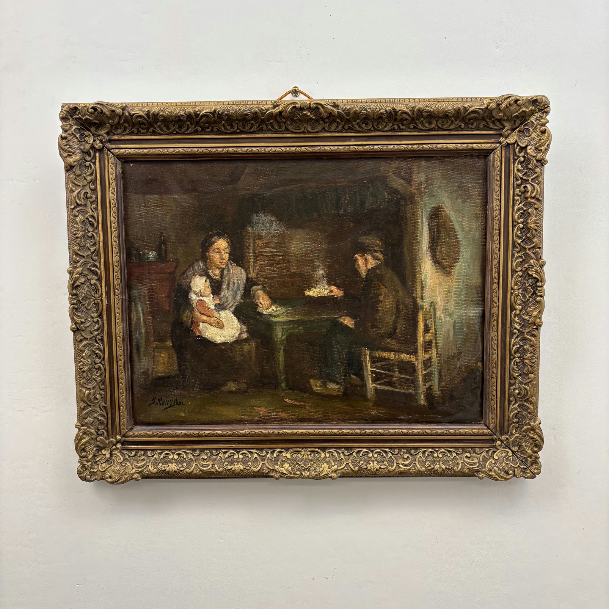 19th Century Antique Interior Oil Painting 