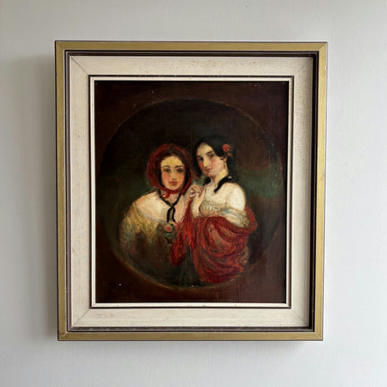 19th Century Antique Figurative Oil Painting "Two Women" Belgique Artwork Holland Art Shop