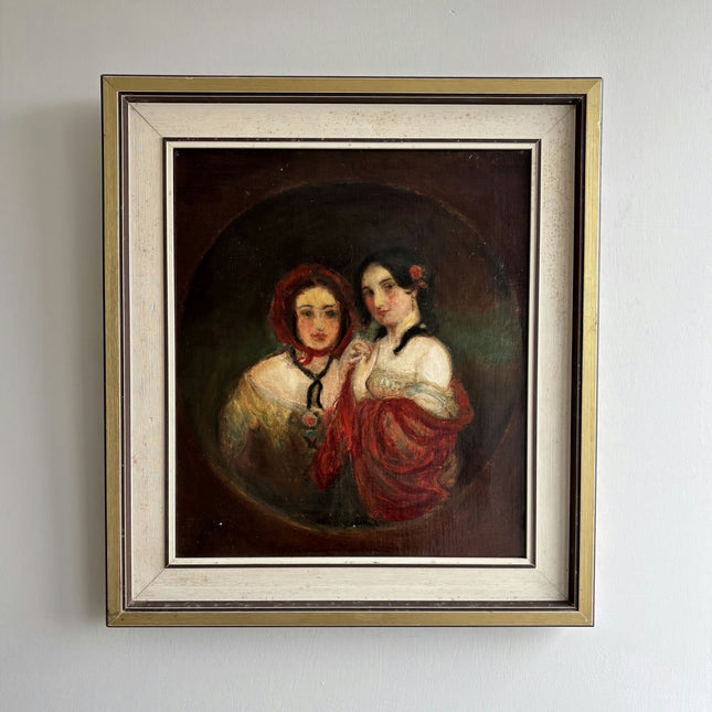 19th Century Antique Figurative Oil Painting "Two Women" Belgique Artwork Holland Art Shop