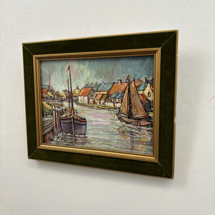 Original Seascape Oil Painting "Docked Boats" Expressive Small Art Holland Art Shop