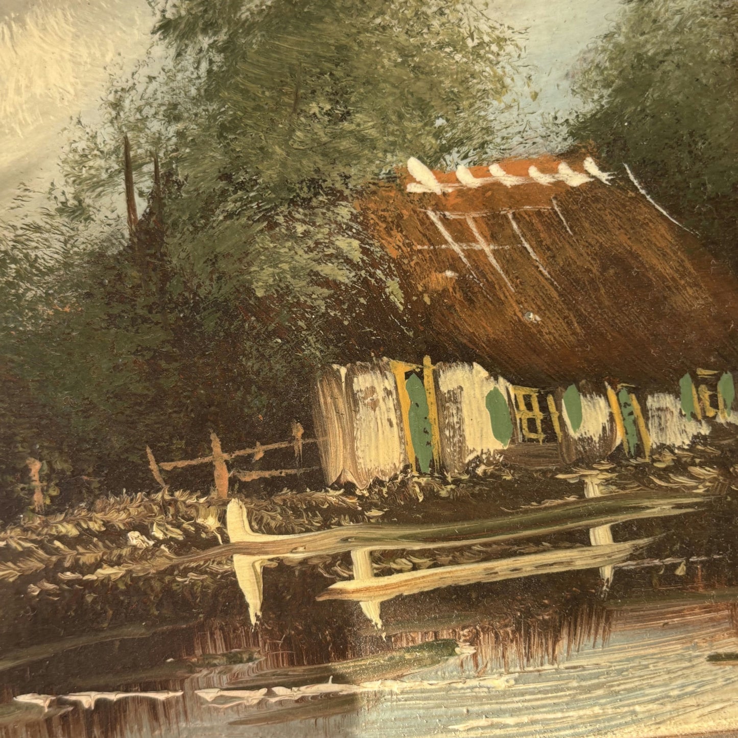 Intriguing Cityscape Oil Painting "Thatched Cottage" Figurative Small Artwork