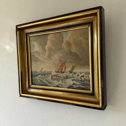 Authentic Seascape Oil Painting "Orange Sailboat" Rustic Small Art Holland Art Shop