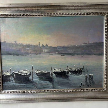 Traditional Harbor Scene Oil Painting "Rowing Boats" Authentic Large Artwork Holland Art Shop