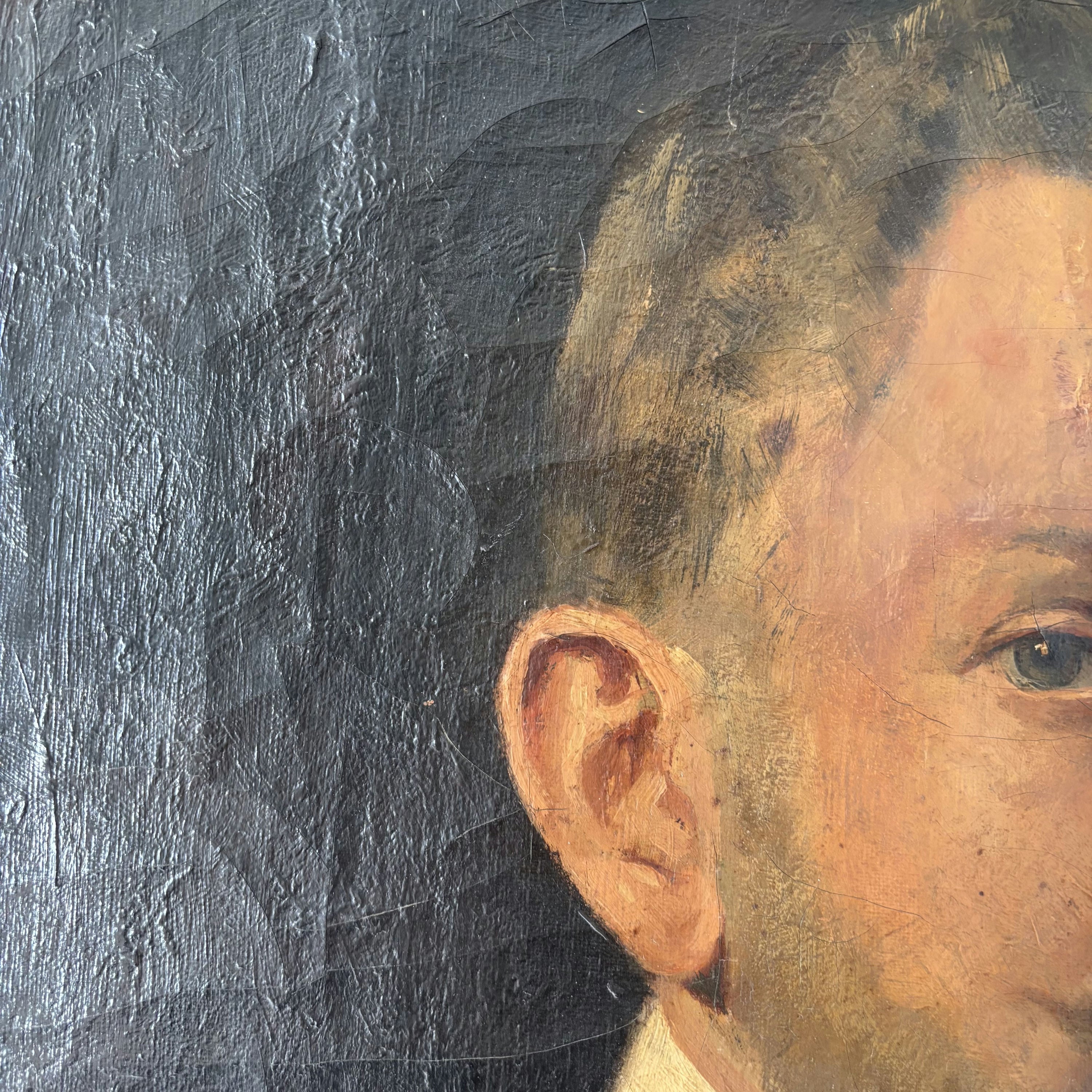 19th Century Gentleman Black Suit Beard Collar Antique Oil Painting Authentic