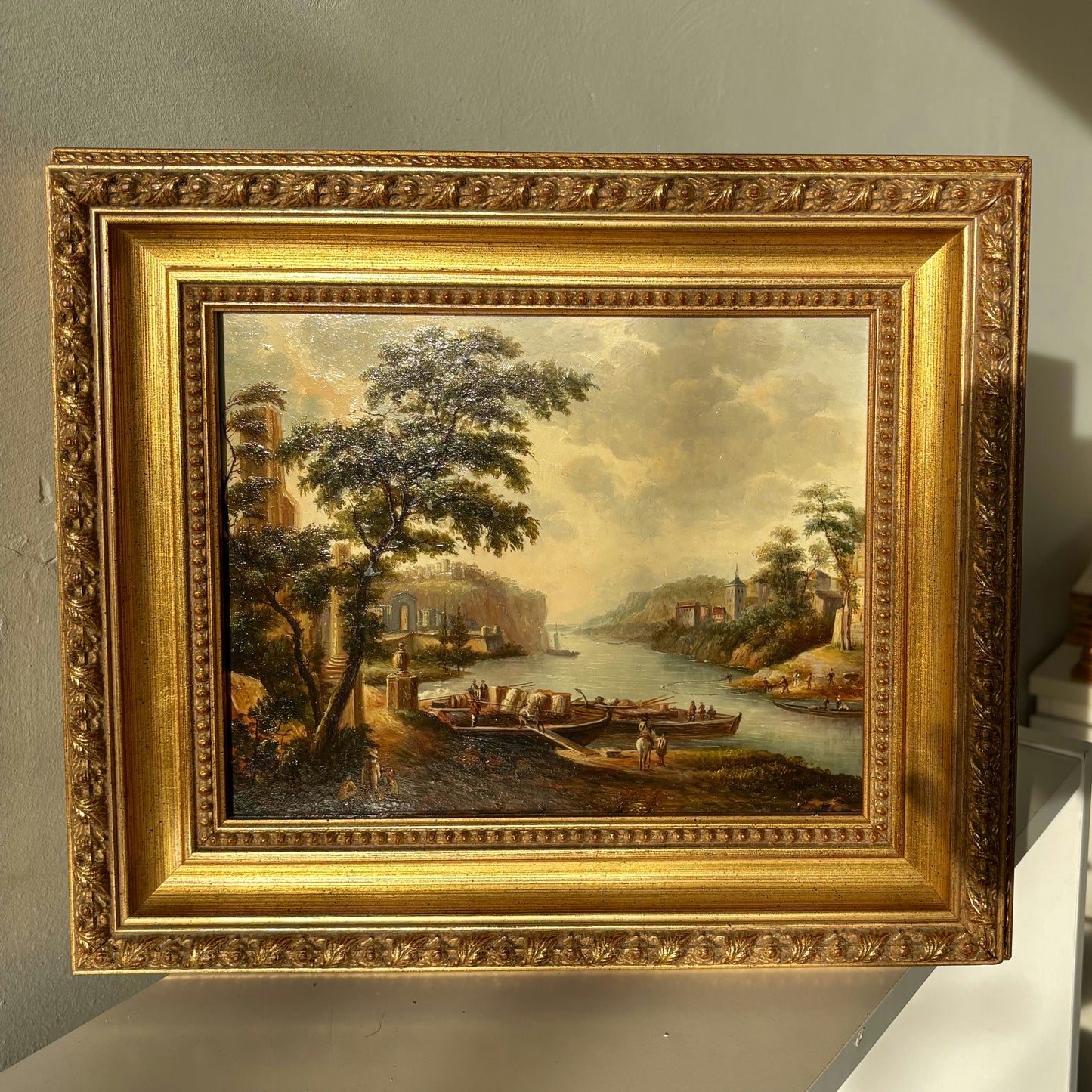 Marvelous Oil Painting Harbor Scene "Riverbank Scene" Expressive French Artwork