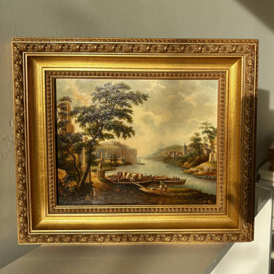 Marvelous Oil Painting Harbor Scene "Riverbank Scene" Expressive French Artwork