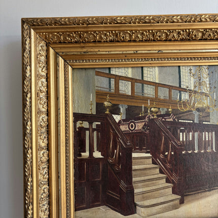 1918 Antique Church Interior Oil Painting "Gilded Frame" Dutch Art Holland Art Shop