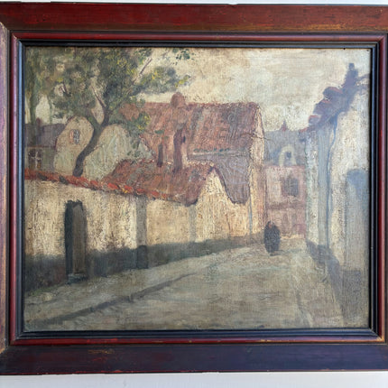 1886 Antique Cityscape Oil Painting "Village Street" Artwork Holland Art Shop