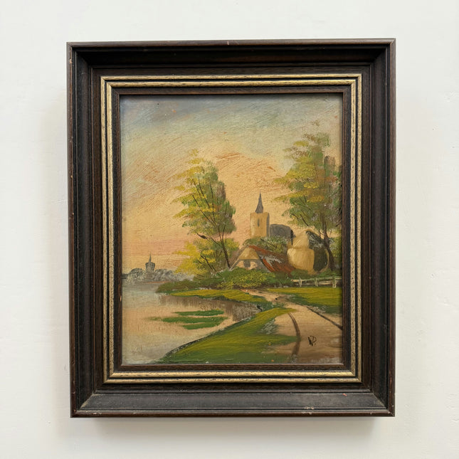 Timeless Scenery Oil Painting "Village Church" Vintage Small Artwork Holland Art Shop