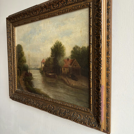 19th Century Antique Harbor Scene Oil Painting "Ornate Frame" Art Holland Art Shop