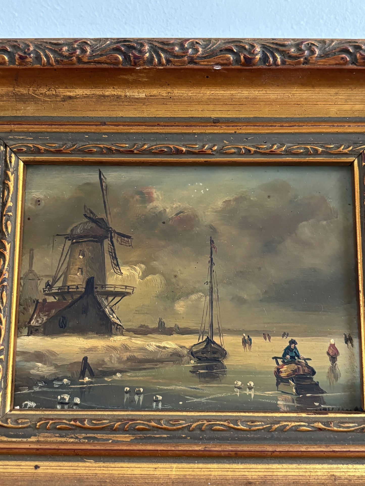 Remarkable Oil Painting Winter Landscape "Windmill Scene" Intriguing Small Art