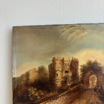 19th Century Antique Landscape Oil Painting "Stone Castle" Small Artwork Holland Art Shop