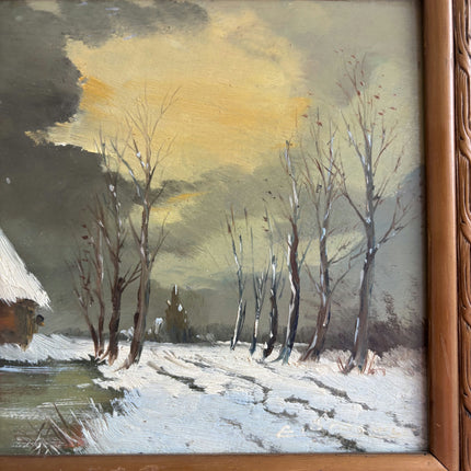 Original Winter Landscape Oil Painting "Snowy Cottage" Vintage Small Artwork Holland Art Shop