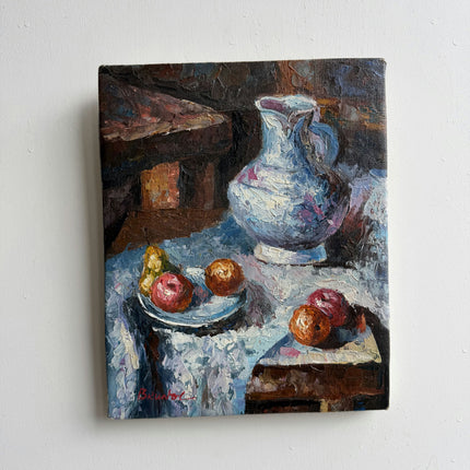 Elegant Still Life Oil Painting "Blue Pitcher" Vintage Small Art Holland Art Shop