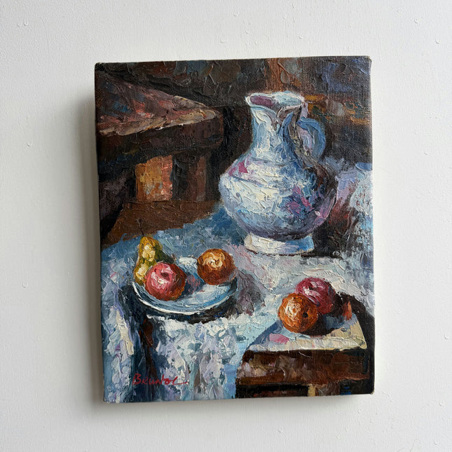 Elegant Still Life Oil Painting "Blue Pitcher" Vintage Small Art Holland Art Shop