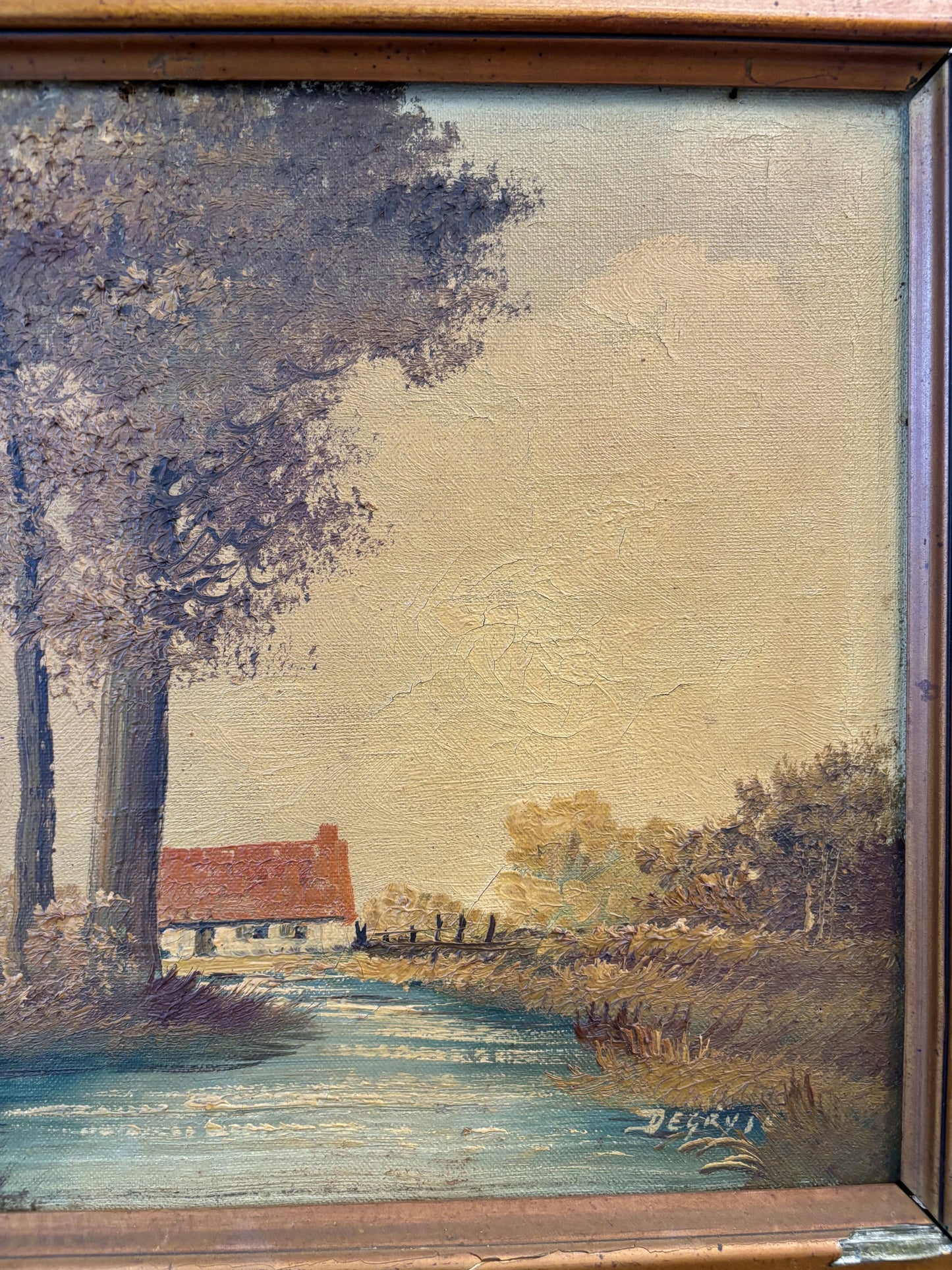 Fine Oil Painting Farm "Red Roof Cottage" Traditional Medium Artwork