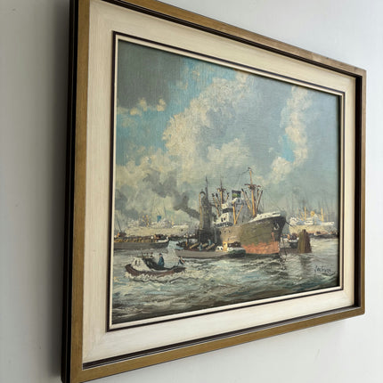 Vintage Harbor Scene Oil Painting "Cargo Ship" Handcrafted Art Holland Art Shop