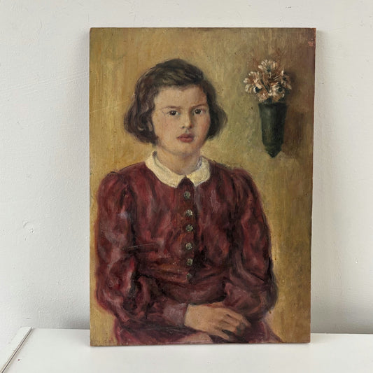 Intriguing Oil Painting Portrait "Girl In Red" Classic Small Artwork