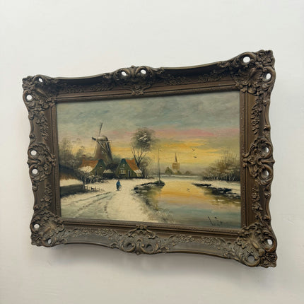 Rustic Winter Landscape Oil Painting "Winter Windmill" Original Large Artwork Holland Art Shop
