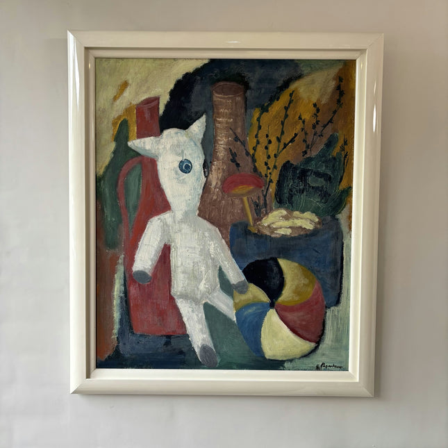 Expressive Still Life Oil Painting "White Cat" Rustic Artwork Holland Art Shop