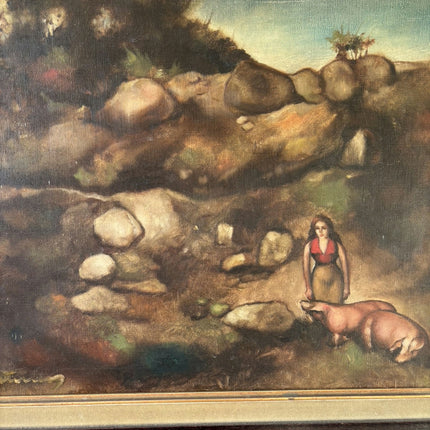 Remarkable Oil Painting Landscape "Girl With Pig" Striking Large Art Holland Art Shop