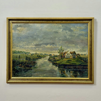 1940 Landscape Oil Painting "Riverside House" Large Artwork Holland Art Shop