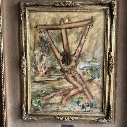 Rustic Religious  Oil Painting "Crucified Figure" Expressive Art Holland Art Shop