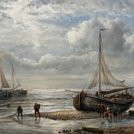 Vintage Seascape Oil Painting "Fishing Boat" Original Large Artwork Holland Art Shop