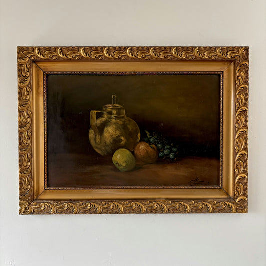 Vintage Oil Painting Still Life "Golden Teapot" Wonderful Large Art