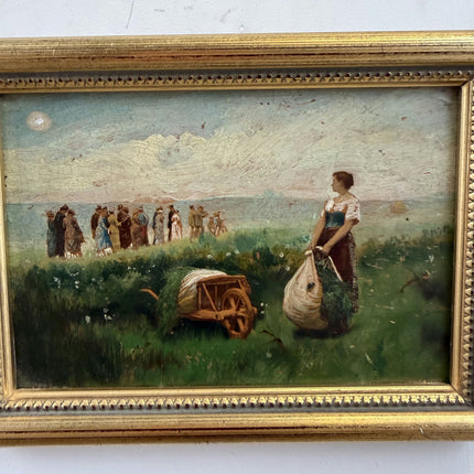 19th Century Antique Figurative Oil Painting "Woman Standing" Small Art Holland Art Shop