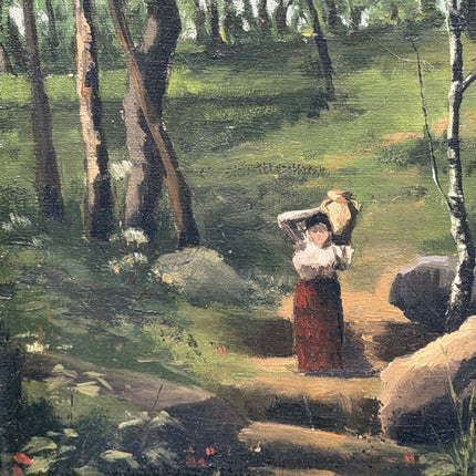 19th Century Antique Landscape Oil Painting "Woman Carryingpail" Small Art Holland Art Shop