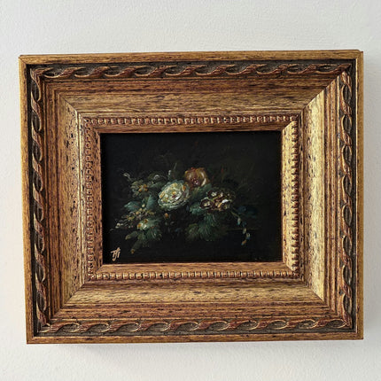 Early 20th Century Authentic Oil Painting Roses Peonies Leaves Buds Floral - HollandArtShop