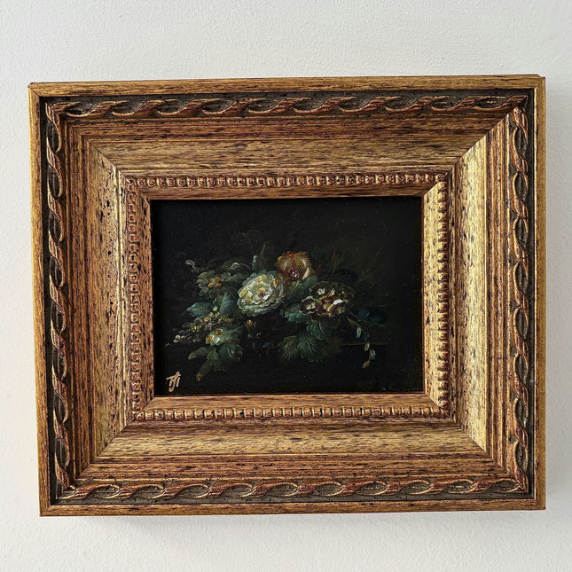 Early 20th Century Authentic Oil Painting Roses Peonies Leaves Buds Floral - HollandArtShop