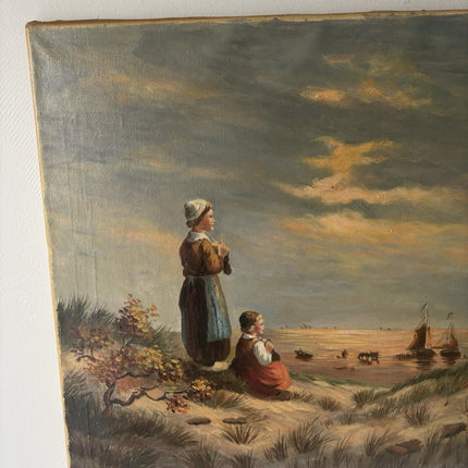 Early 20th Century Dutch Oil Painting – Women in Dunes with Windmills - HollandArtShop