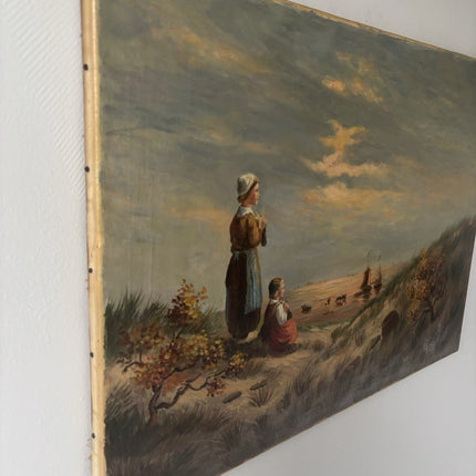 Early 20th Century Dutch Oil Painting – Women in Dunes with Windmills - HollandArtShop