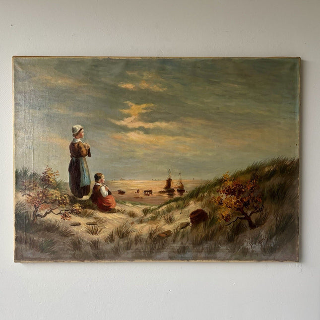 Early 20th Century Dutch Oil Painting – Women in Dunes with Windmills - HollandArtShop