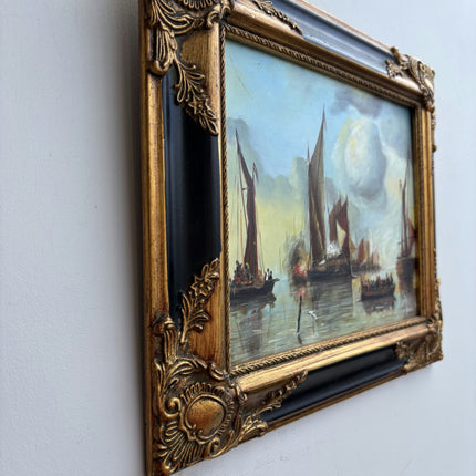 Elegant Harbor Scene Oil Painting "Sailing Ships" Classic Small Artwork Holland Art Shop