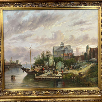 Handcrafted Harbor Scene Oil Painting "Harbor Scene" Traditional Large Artwork Holland Art Shop
