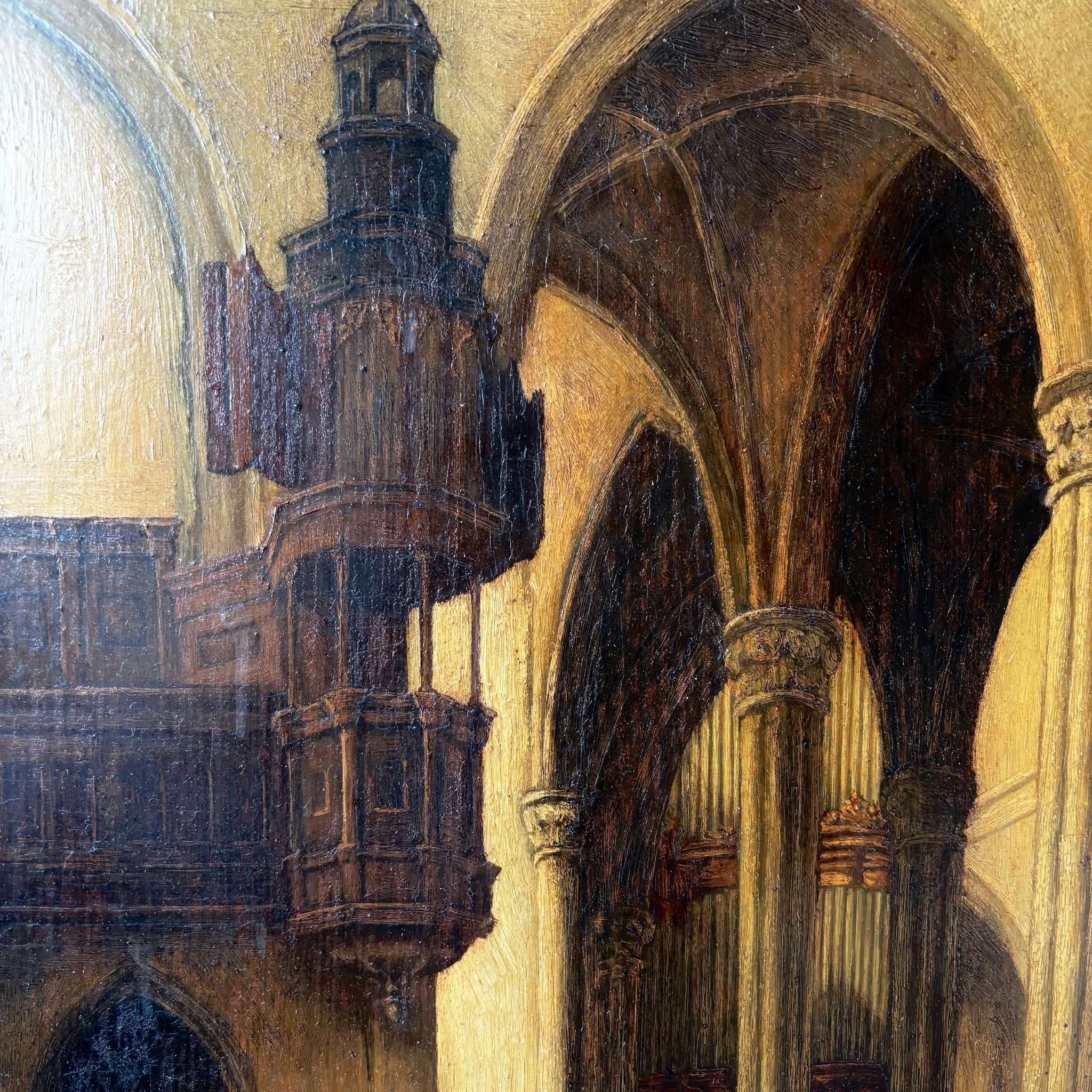 19th Century Gothic Church Interior Columns Figures Light Antique Oil Painting
