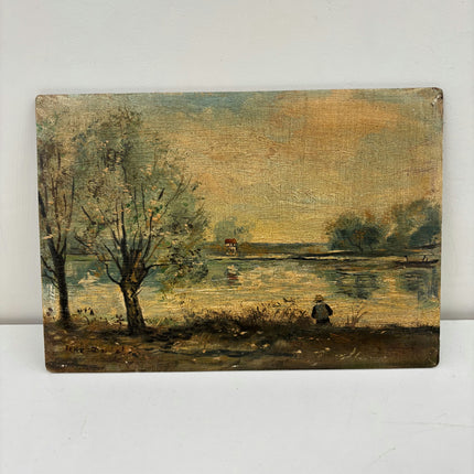 19th Century Antique Landscape Oil Painting "Wooden Board" Small Artwork Holland Art Shop
