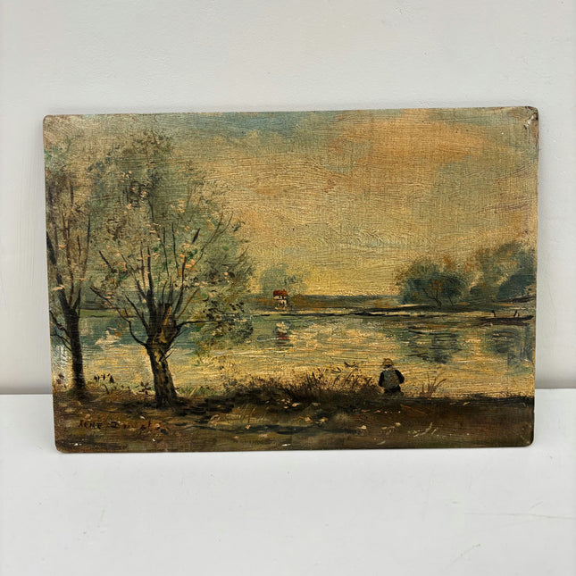 19th Century Antique Landscape Oil Painting "Wooden Board" Small Artwork Holland Art Shop