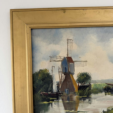 Rustic Harbor Scene Oil Painting "River Windmill" Elegant Art Holland Art Shop