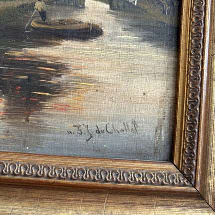 19th Century Antique Landscape Oil Painting "River Boat" Dutch Artwork Holland Art Shop