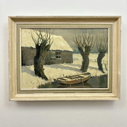 Refined Winter Landscape Oil Painting "Snowy Boat" Vintage Dutch Art Holland Art Shop