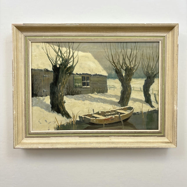 Refined Winter Landscape Oil Painting "Snowy Boat" Vintage Dutch Art Holland Art Shop