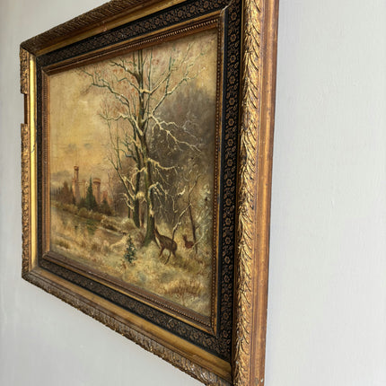 19th Century Antique Winter Landscape Oil Painting "Gilded Frame" French Art Holland Art Shop