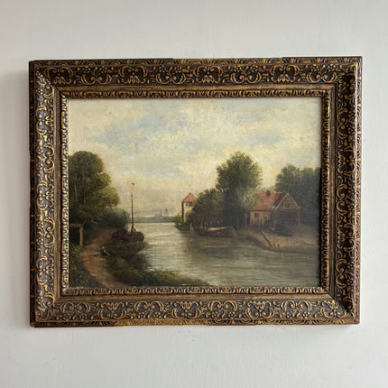 19th Century Antique Harbor Scene Oil Painting "Ornate Frame" Art Holland Art Shop