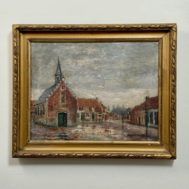 1916 Antique Cityscape Oil Painting "Red Brick Church" Artwork Holland Art Shop