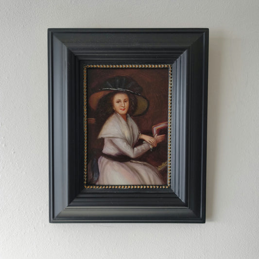 20th Century Woman Hat Book Dress Chair Vintage Oil Painting Authentic